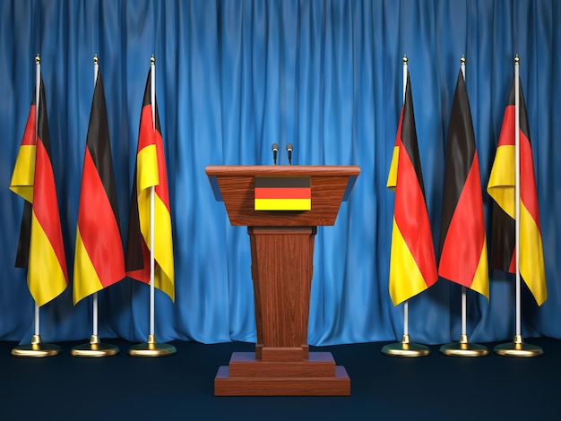 Tribuna do orador do pódio com bandeiras da Alemanha Briefing do presidente ou chanceler Conceito de política