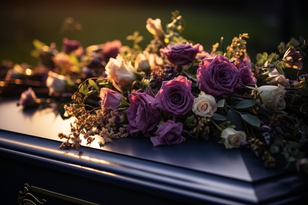 Foto tributo funerário flores apresentadas em um caixão significando lembrança