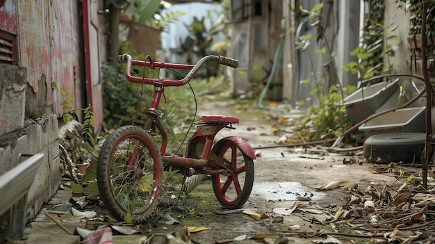 Foto un triciclo solitario se sienta abandonado en un rincón olvidado del mundo su pintura roja está desvanecida y astillada y sus neumáticos están desinflados