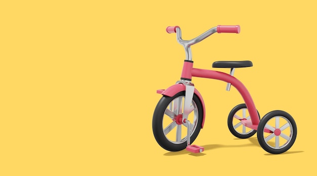Triciclo vermelho de renderização 3D em fundo amarelo com espaço para texto Veículo