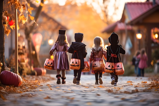 TrickorTreaters Niños vestidos con varios disfraces de Halloween aterradores sosteniendo sus bolsas de golosinas y