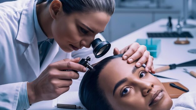 Foto el tricólogo examina la condición del cabello en la cabeza del paciente con un dermatoscopio