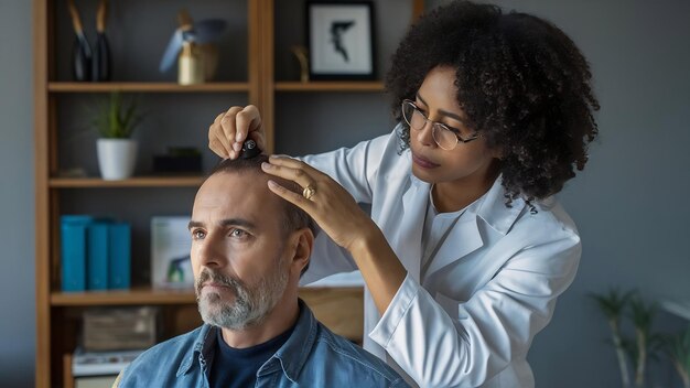 El tricólogo examina la condición del cabello en la cabeza del paciente con un dermatoscopio