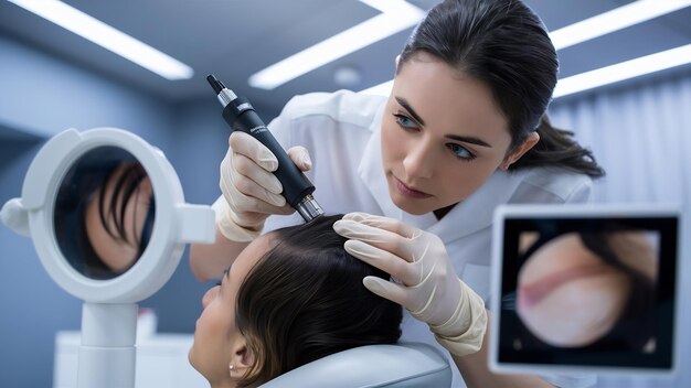 Foto el tricólogo examina la condición del cabello en la cabeza del paciente con un dermatoscopio