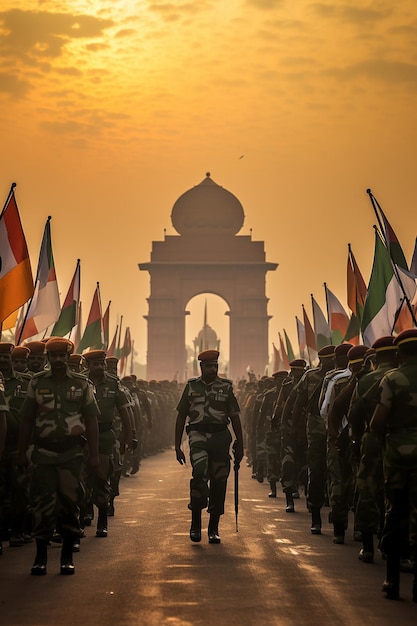 Foto tricolor entfaltet sich vor dem hintergrund des ikonischen india gate india rebuplic day, erzeugt von ai