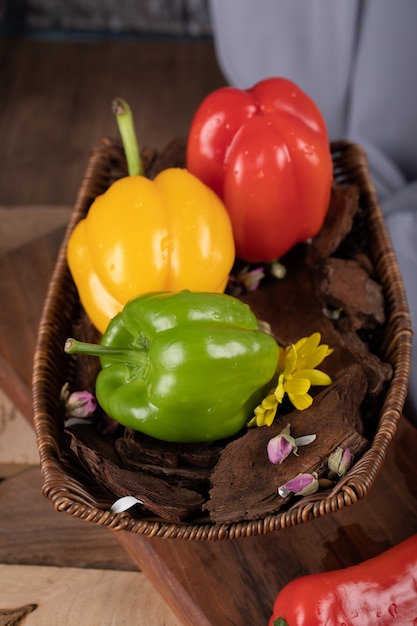 Tricolor Paprika auf einem rustikalen Korb