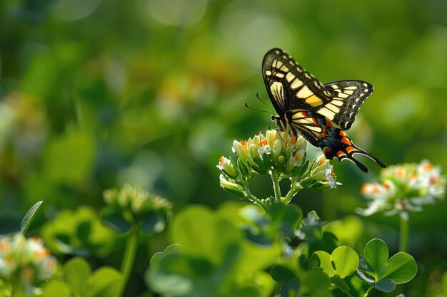 Trifoglio Borboleta Belo Machaon na Flor de Clover com asas coloridas no Voo de Primavera