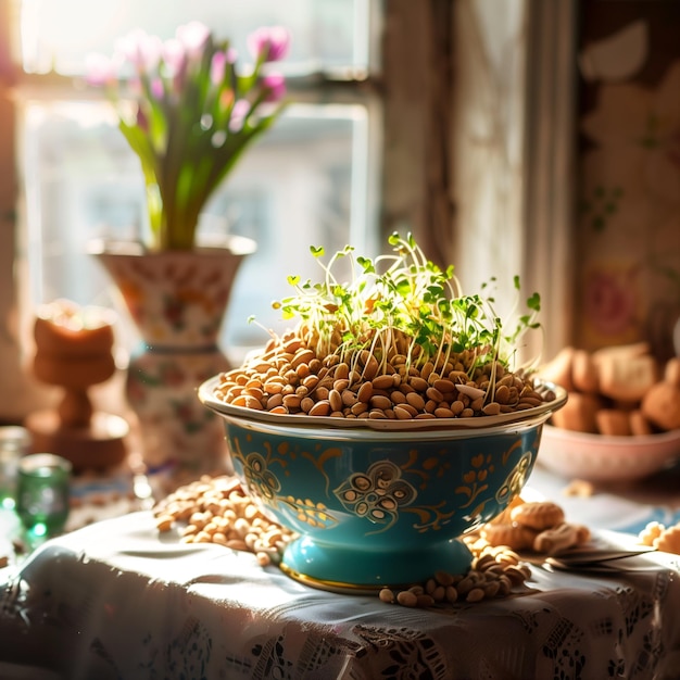 trigo germinado em um prato na mesa