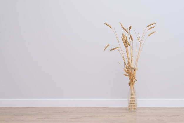 Trigo en un jarrón en el suelo con el telón de fondo de una pared gris. El concepto de minimalismo en el interior.