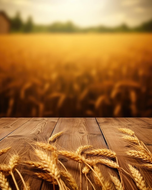 Trigo en una mesa de madera con un fondo de campo