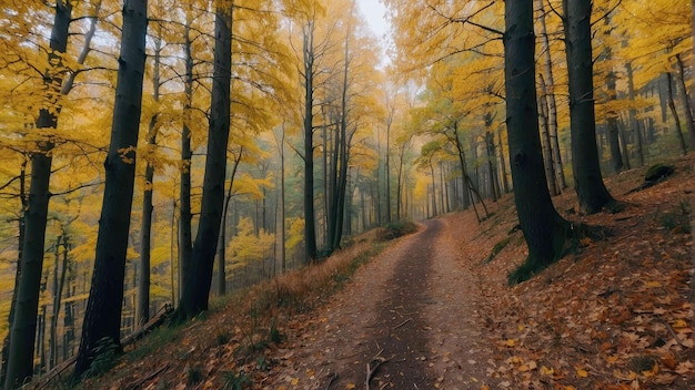Trilha através de uma névoa floresta dourada de outono