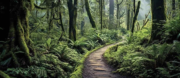 Trilha de caminhada serpenteando pela exuberante floresta tropical Generative AI