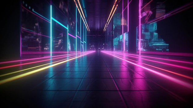 trilha de luz neon de cor abstrata em um túnel escuro com uma cidade ao fundo generativa ai