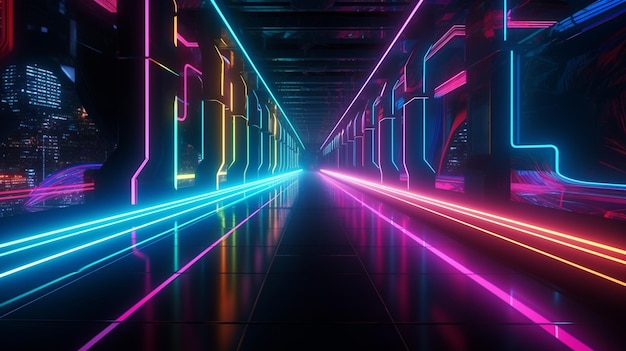 trilha de luz neon de cor abstrata Luzes de neon em um túnel escuro com uma cidade ao fundo