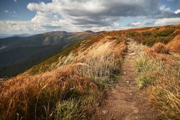 Trilha de montanha nas montanhas dos Cárpatos Ucrânia Trilhas para caminhadas e caminhadas no cume de Marmaros Área rural das montanhas dos Cárpatos no outono