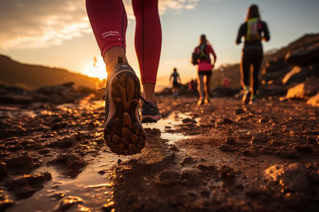 Foto trilha de praia correndo as pernas do grupo de corredores sunrise em ação