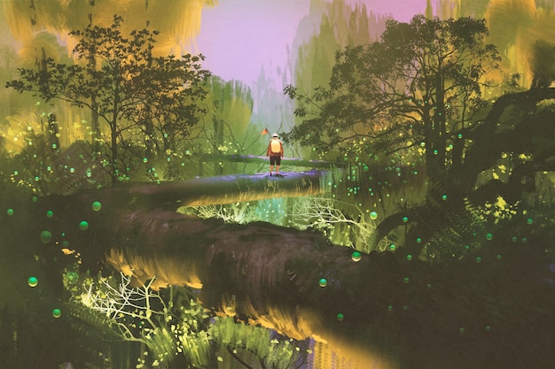 trilha pelas copas das árvores, homem parado na floresta da fantasia, pintura de ilustração