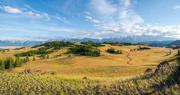 Trilha pelas montanhas. Caminhando pela trilha da montanha. Uma paisagem alpina com um ambiente luminoso e um caminho rochoso entre as gramíneas das terras altas. O caminho até a encosta da montanha.