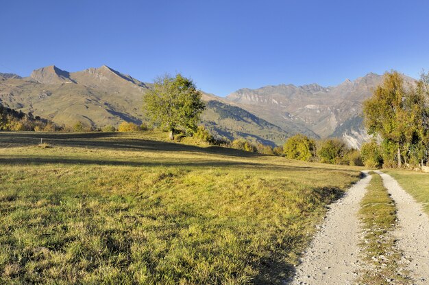 Trilha que cruza o prado na montanha alpina no outono