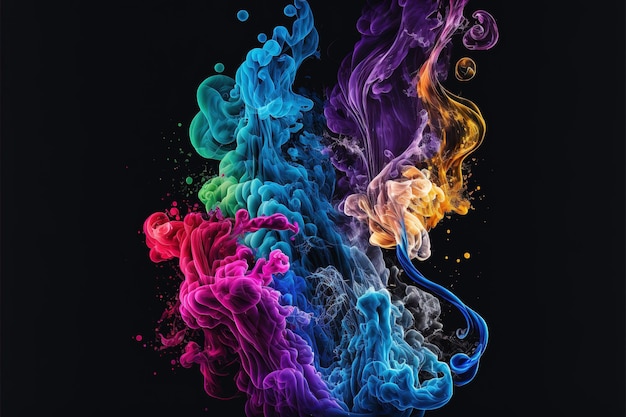 Trilhas coloridas de fumaça flutuando em fundo preto criadas usando tecnologia generativa de IA