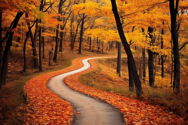 Foto trilhas de caminhada serpenteando através de uma floresta em chamas com cores de outono