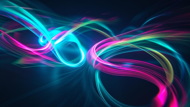 Trilhas de luz abstratas coloridas em fundo escuro arte digital tecnologia moderna e conceito de movimento