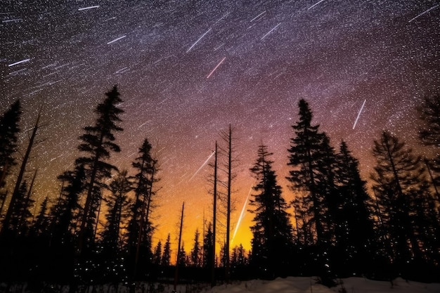 Trilhas estelares retratam a revolução da Estrela Polar durante a noite contra um céu claro e um meteoro