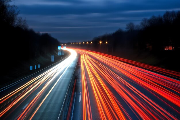 Trilhas leves de um carro viajando por uma estrada escura