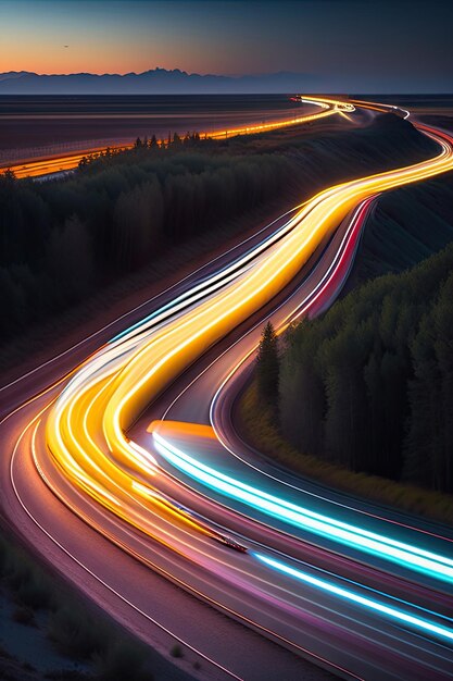 trilhas leves dos faróis dos carros em uma paisagem noturna em preto e branco O carro corre pela rodovia