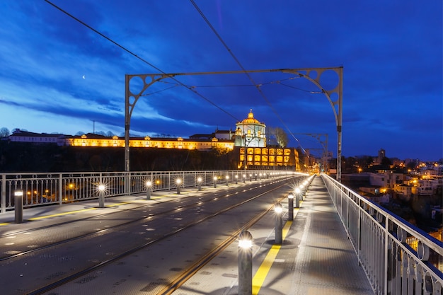 Trilhos de bonde vazios na ponte de arco de ferro Dom Luis I ou Luiz I sobre o rio Douro e o Mosteiro da Serra do Pilar, no Porto, durante a hora azul da manhã, Portugal.