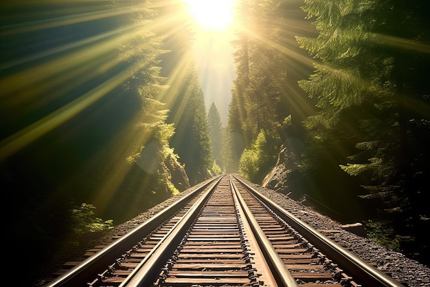 Trilhos de trem através de uma foto de floresta na montanha Trilhos de trem através de uma floresta com luz solar intensa e