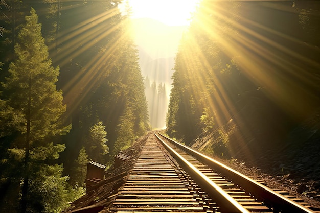 Trilhos de trem através de uma foto de floresta na montanha Trilhos de trem através de uma floresta com luz solar intensa e