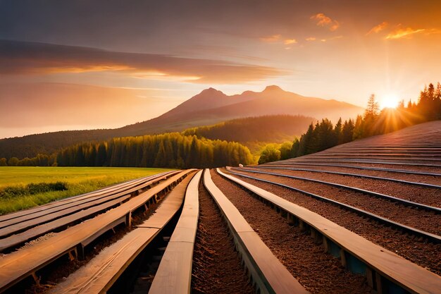 trilhos de trem nas montanhas ao pôr do sol