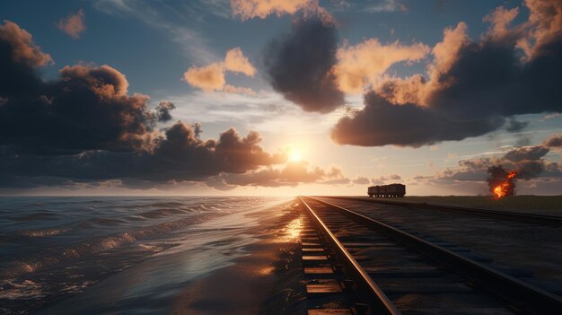 Trilhos de trem no oceano com um pôr do sol ao fundo