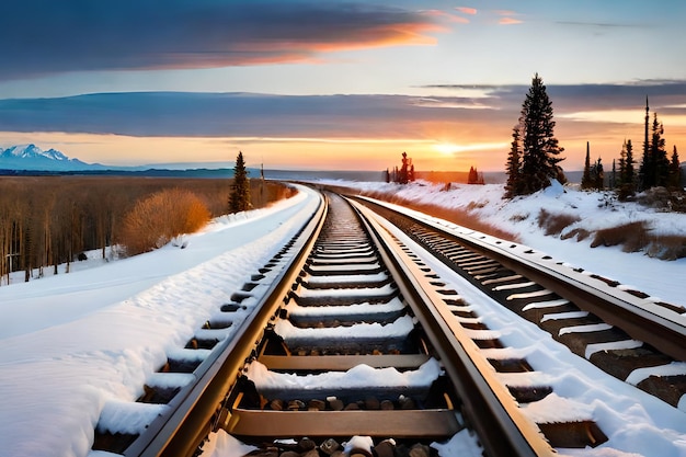 Trilhos ferroviários na neve com um pôr do sol ao fundo