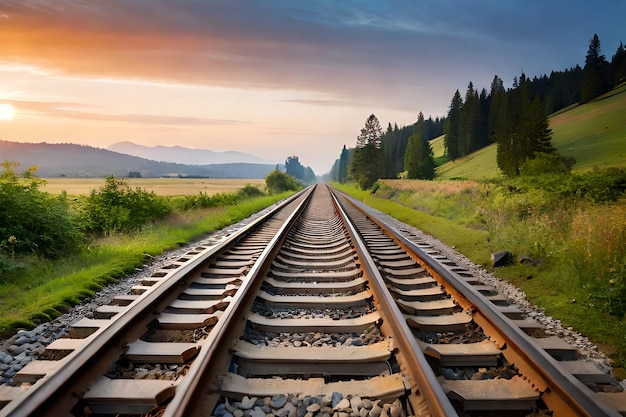 Trilhos ferroviários nas montanhas com um pôr do sol ao fundo