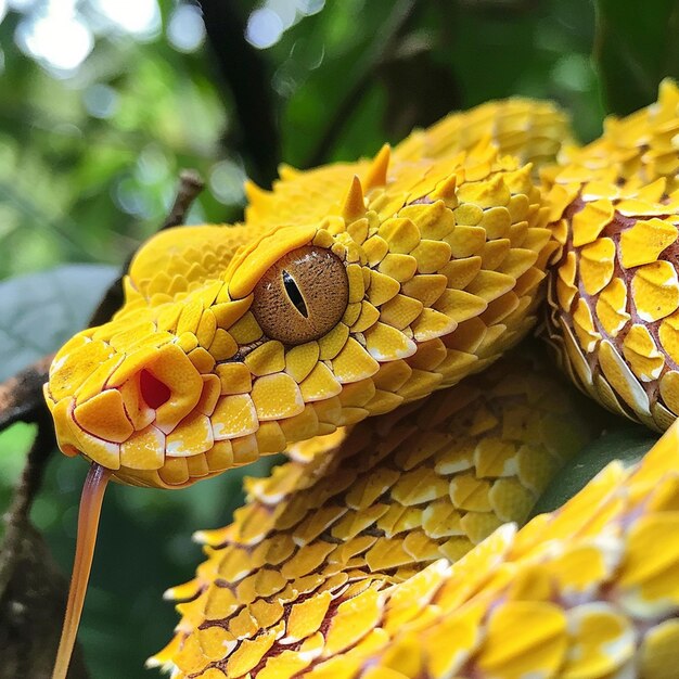 Trimeresurus insularis serpente-víbora amarela em close-up