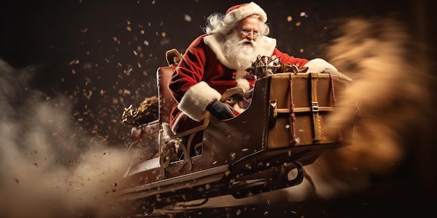 El trineo y la caja de regalos de Santa Claus se ven contra un fondo de nieve IA generativa
