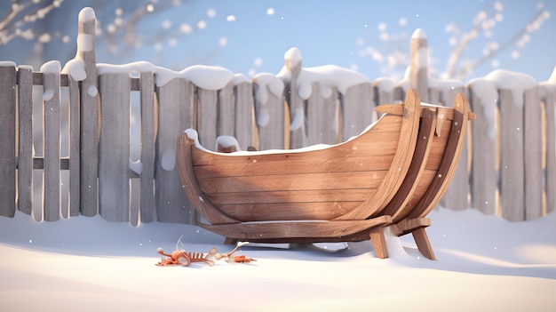 Foto un trineo de madera rústico apoyado contra una valla cubierta de nieve
