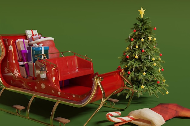 Trineo de Navidad 3D con árbol y dulce en calcetines sobre fondo verde