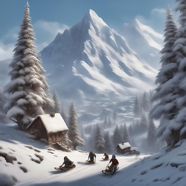 El trineo en la nieve Los árboles cubiertos de nieve Las montañas cubiertas de nieve Los trineos de madera
