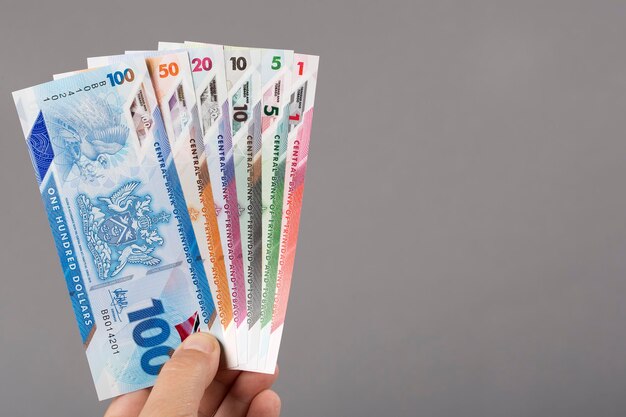 Foto trinidad y tobago dinero en la mano sobre un fondo gris