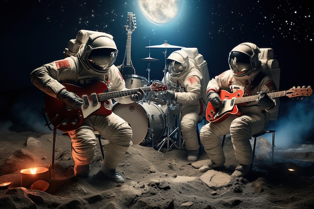 un trío de astronautas haciendo música en la superficie lunar