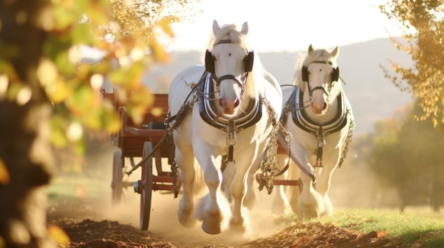 Un trío de caballos tirando de un paseo de heno festivo a través del campo de otoño como las familias vienen a la
