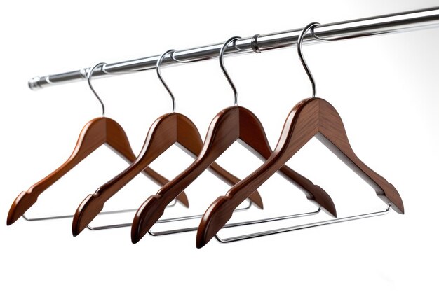 Un trío de colgadores de ropa de madera Los colgadores son de diseño simple con un gancho y múltiples brazos para colgar artículos de ropa aislados en un fondo transparente PNG
