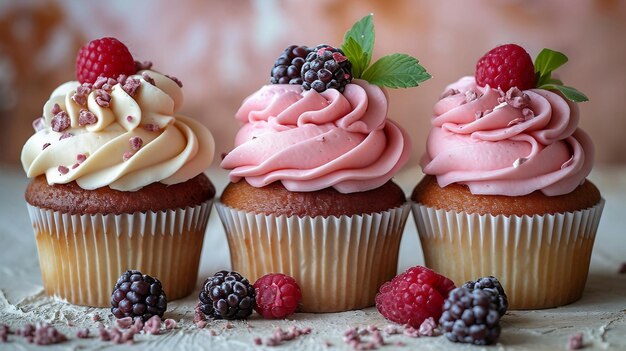 Trio de cupcakes focando nos detalhes da cobertura e coberturas AI gera ilustração