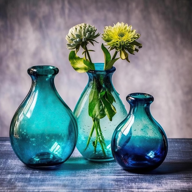 Un trío de jarrones de vidrio en varios tonos de azul perfectos para exhibir flores