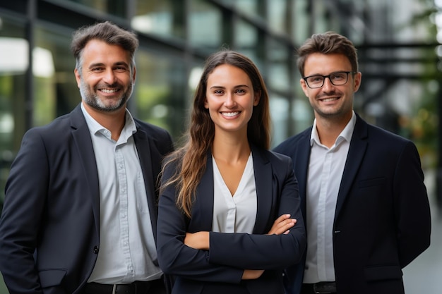 Trio de líderes corporativos logrados posando con las manos en los bolsillos de la IA