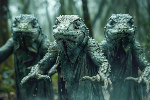 Trio de modelos realistas de iguanas en un bosque de niebla que establecen réplicas de vida silvestre entre lo natural