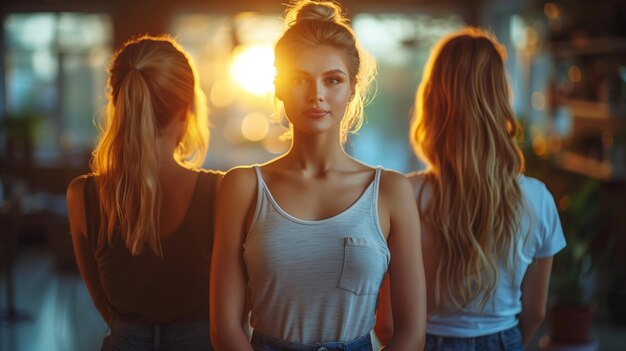 Trio de mujeres en interiores con suave luz vespertina